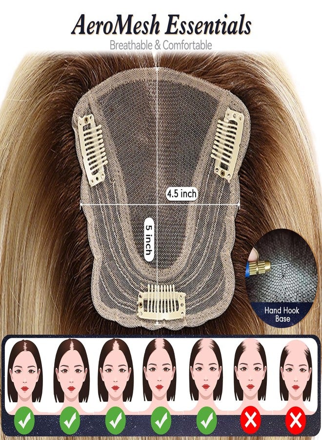 starluck 4.5"*5" Swiss Lace Base Hand-Tied Hair Toppers for Women Real Human Hair Topper，14 inch，With Bangs SilkHug Hair Topper for Women with Thinning or Grey Roots (Brown with Blonde Highlight) - Image 4